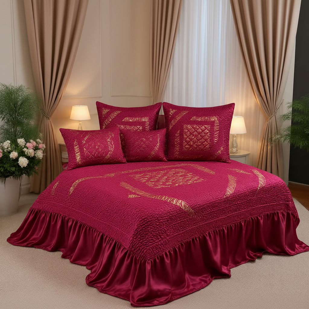 Luxury Magenta Velvet Bridal Bed Sheet Set | Premium Quilted Wedding Bedding | King Size