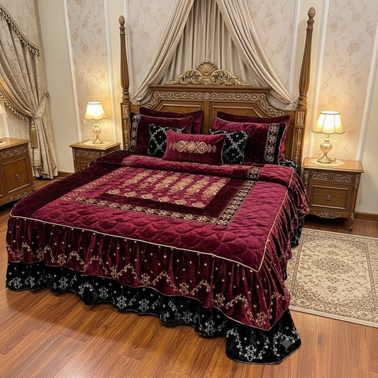 Royal Maroon & Black Velvet Bridal Bed Sheet Set | Luxury Embroidered Wedding Bedding | King Size