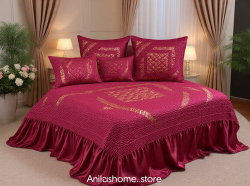Luxury Magenta Velvet Bridal Bed Sheet Set | Premium Quilted Wedding Bedding | King Size