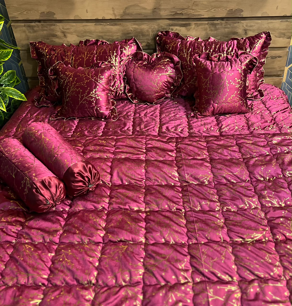 Premium Magenta Floral Velvet Bridal Bed Sheet Set | Luxury Bridal Bedding with Heart Cushion