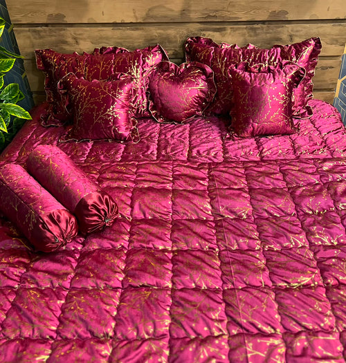 Premium Magenta Floral Velvet Bridal Bed Sheet Set | Luxury Bridal Bedding with Heart Cushion