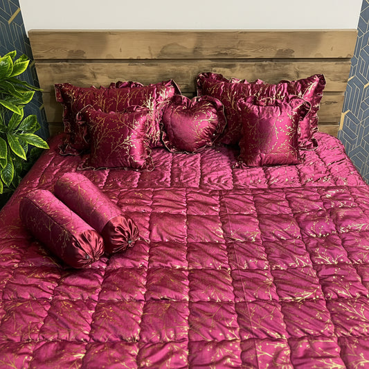 Premium Magenta Floral Velvet Bridal Bed Sheet Set | Luxury Bridal Bedding with Heart Cushion