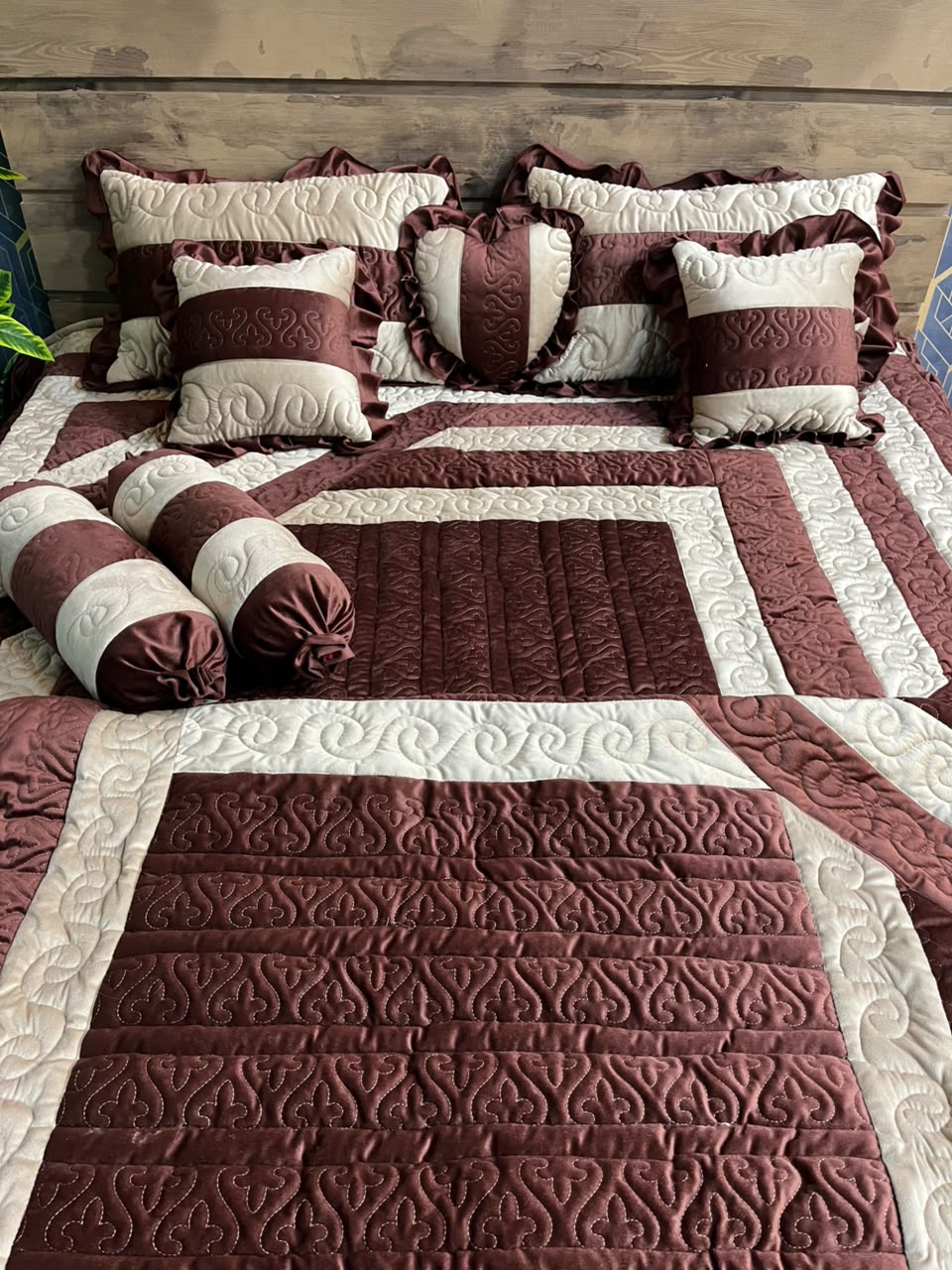Royal Brown & Cream Quilted Bridal Bed Sheet Set | Luxury Wedding Bedding with Decorative Cushions