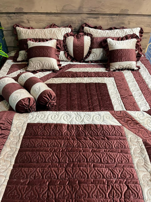 Royal Brown & Cream Quilted Bridal Bed Sheet Set | Luxury Wedding Bedding with Decorative Cushions