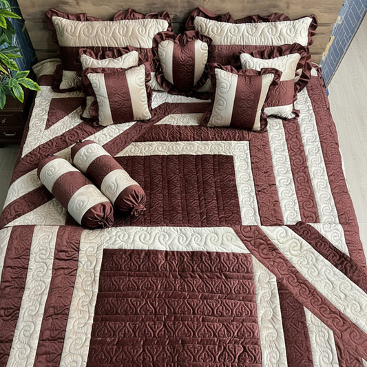Royal Brown & Cream Quilted Bridal Bed Sheet Set | Luxury Wedding Bedding with Decorative Cushions