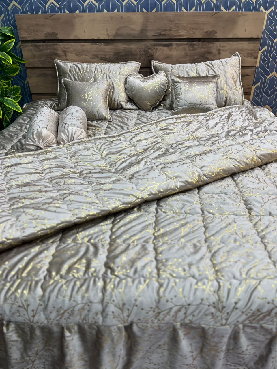Elegant Silver Grey Velvet Bridal Bed Sheet Set | Premium Wedding Bedding with Designer Cushions