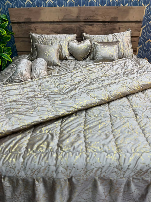 Elegant Silver Grey Velvet Bridal Bed Sheet Set | Premium Wedding Bedding with Designer Cushions