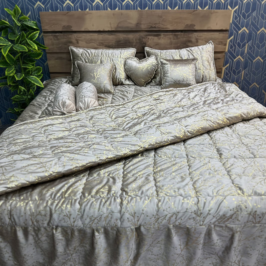 Elegant Silver Grey Velvet Bridal Bed Sheet Set | Premium Wedding Bedding with Designer Cushions