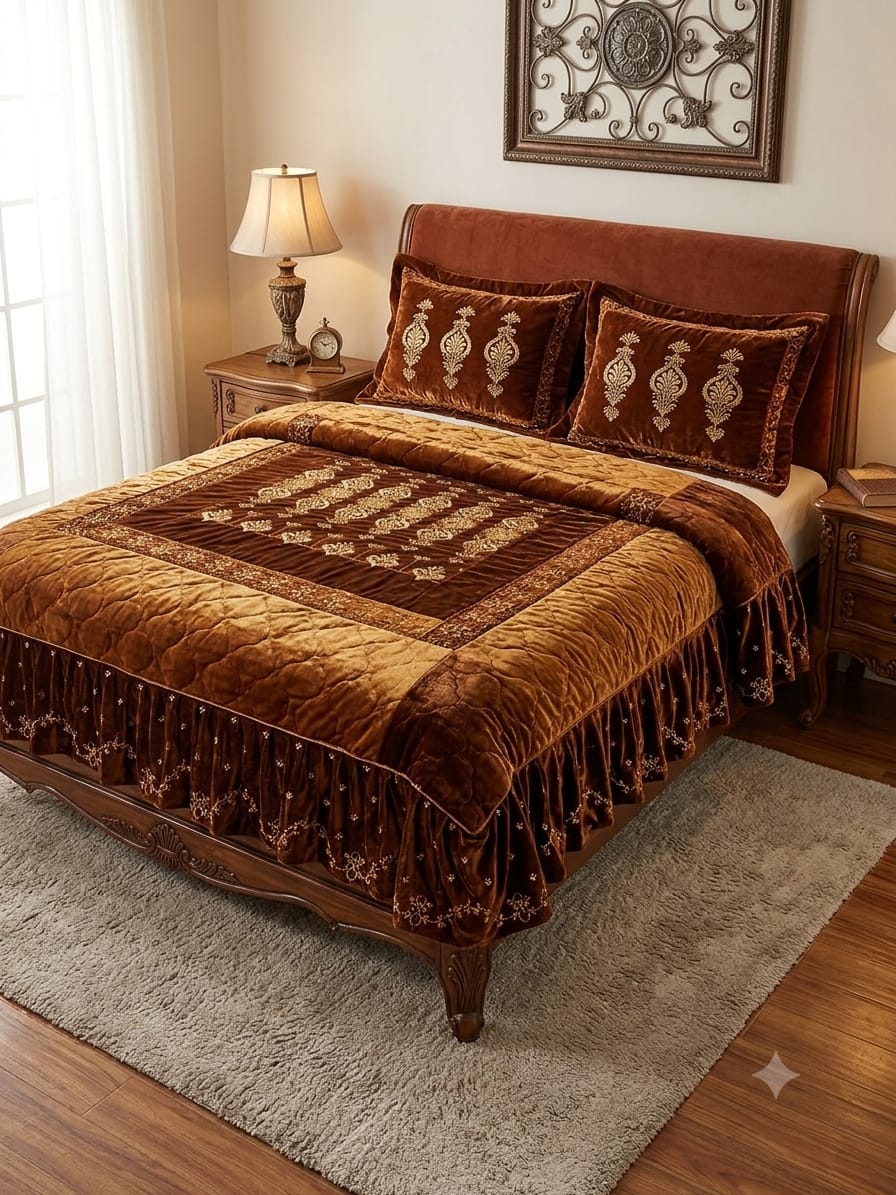 Luxury Chocolate Brown Velvet Bridal Bed Sheet Set | Premium Embroidered Wedding Bedding