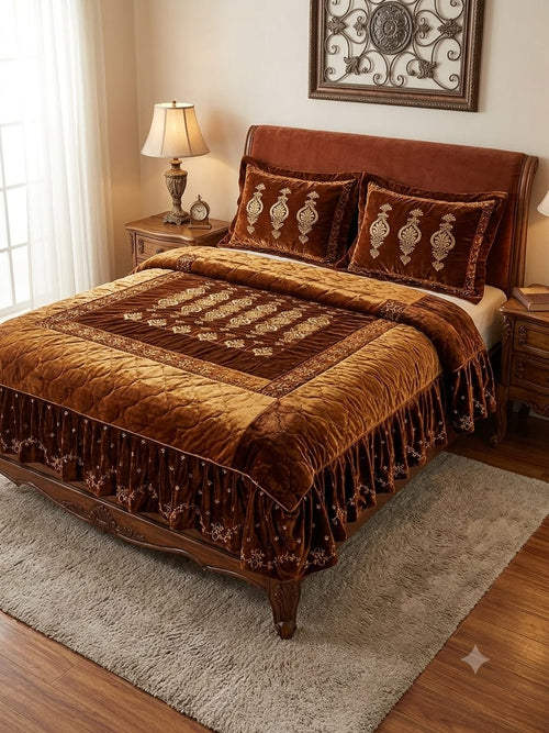 Luxury Chocolate Brown Velvet Bridal Bed Sheet Set | Premium Embroidered Wedding Bedding