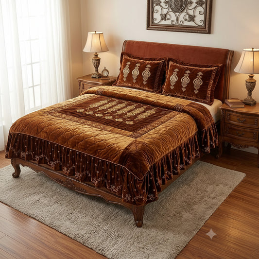 Luxury Chocolate Brown Velvet Bridal Bed Sheet Set | Premium Embroidered Wedding Bedding