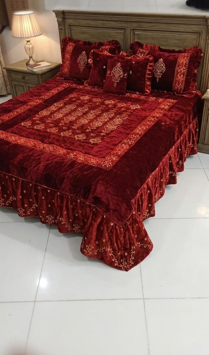 Royal Maroon Embroidered Bridal Bed Sheet Set | Luxury Velvet Wedding Bedding | King Size
