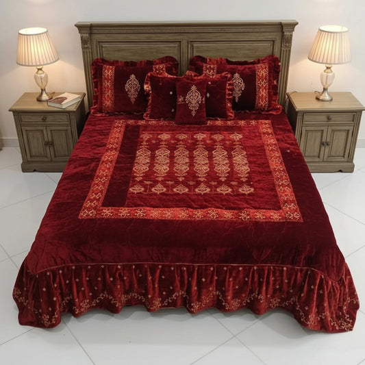 Royal Maroon Embroidered Bridal Bed Sheet Set | Luxury Velvet Wedding Bedding | King Size