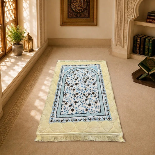Luxury Soft Prayer Mat – Premium Islamic Janamaz | Thick & Comfortable Prayer Rug | White Floral
