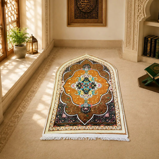 Luxury Soft Prayer Mat – Premium Islamic Janamaz | Thick & Comfortable Prayer Rug | Golden Brown