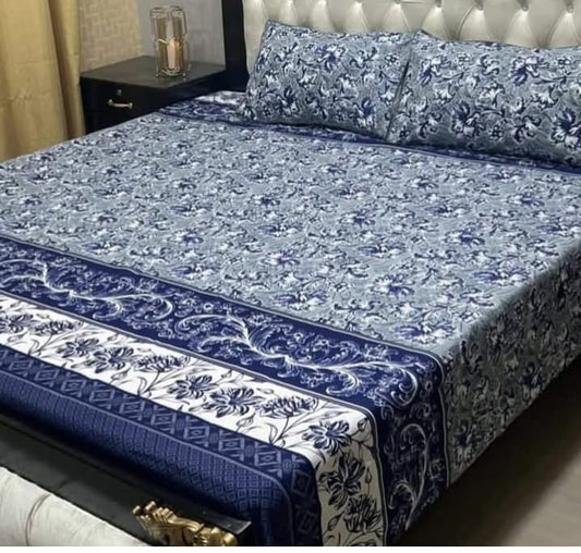 Bedsheet Set | Soft Printed Bedding | Royal Blue Floral Stripe