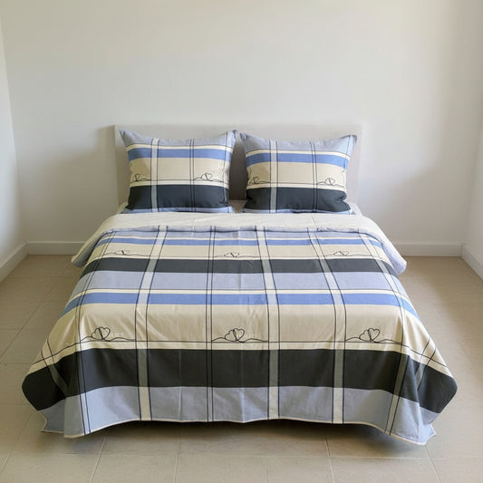 Bedsheet Set | Soft Printed Bedding | Grey & Blue Checkered