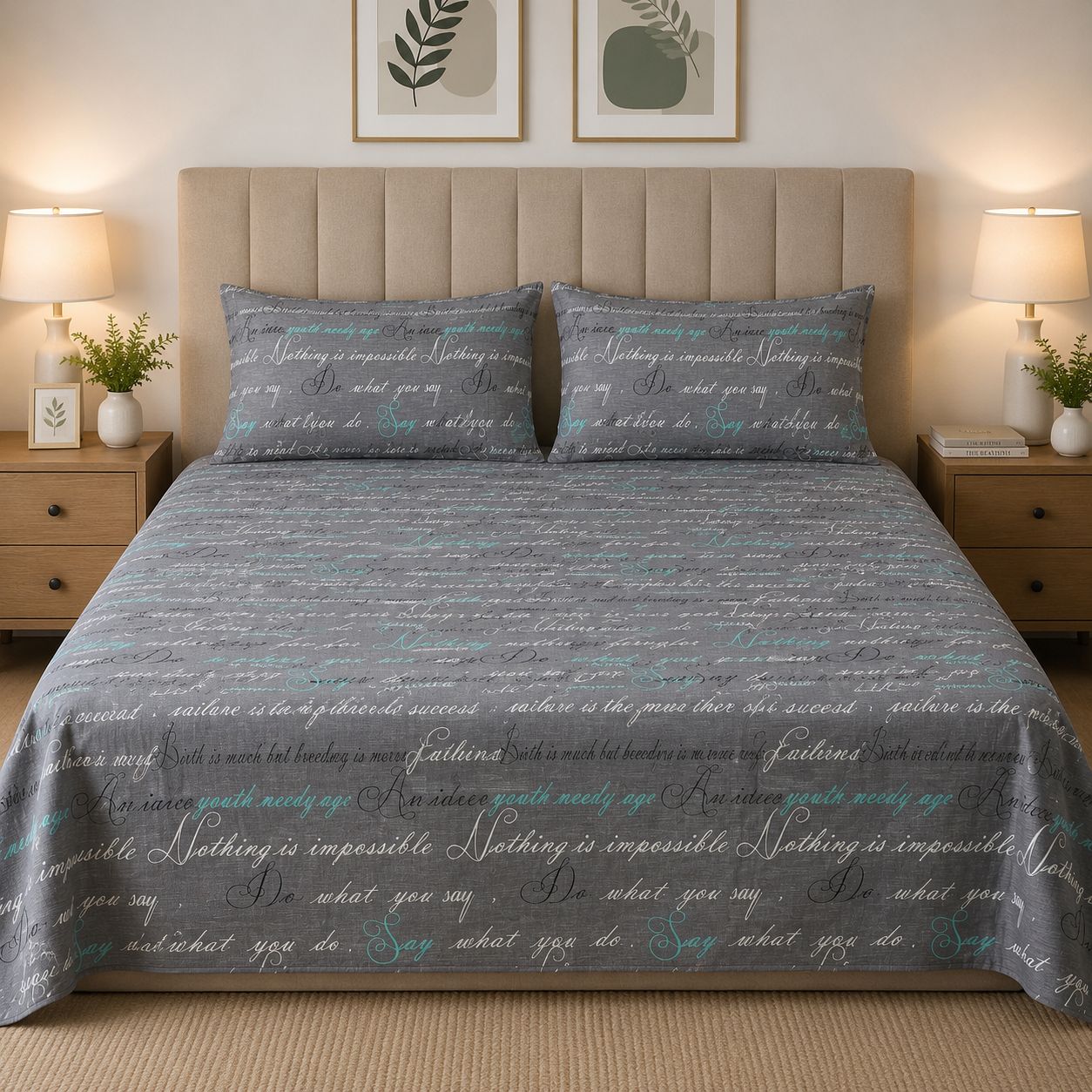 Bedsheet Set | Soft Printed Bedding | Charcoal Grey Geometric