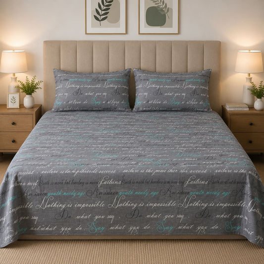 Bedsheet Set | Soft Printed Bedding | Charcoal Grey Geometric