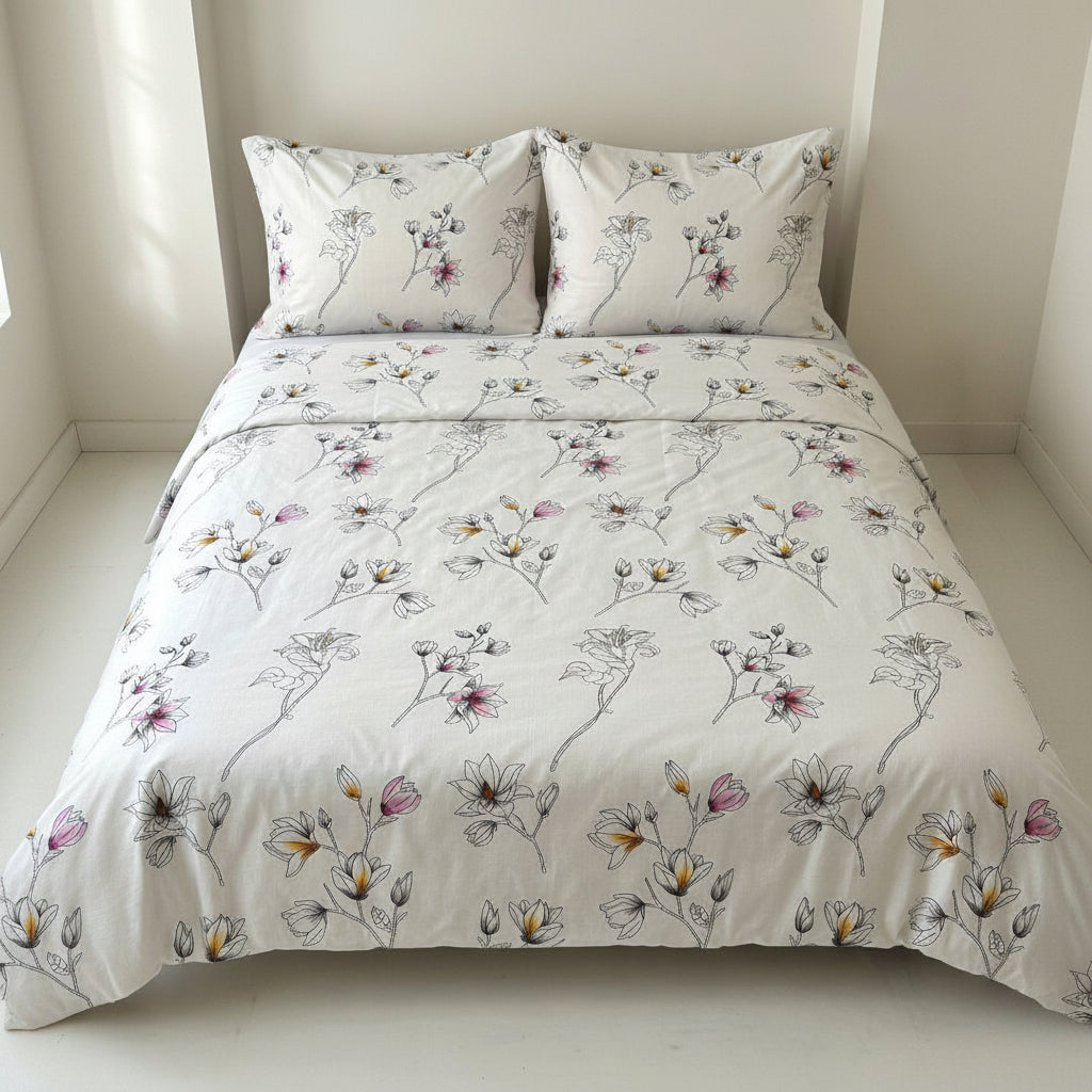 Bedsheet Set | Soft Printed Bedding | White Floral Bouqet