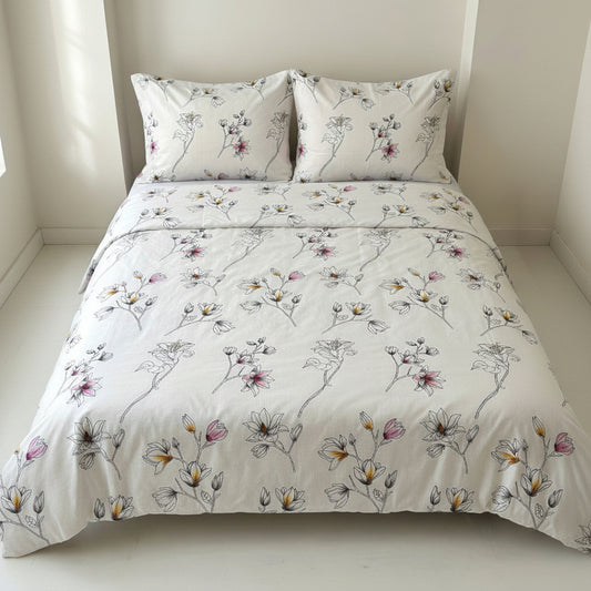 Bedsheet Set | Soft Printed Bedding | White Floral Bouqet