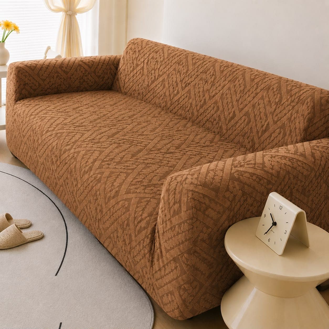 Custom 5 Seater & 7 Seater Stretch Sofa Cover – Camel Brown Elastic Sofa Protector