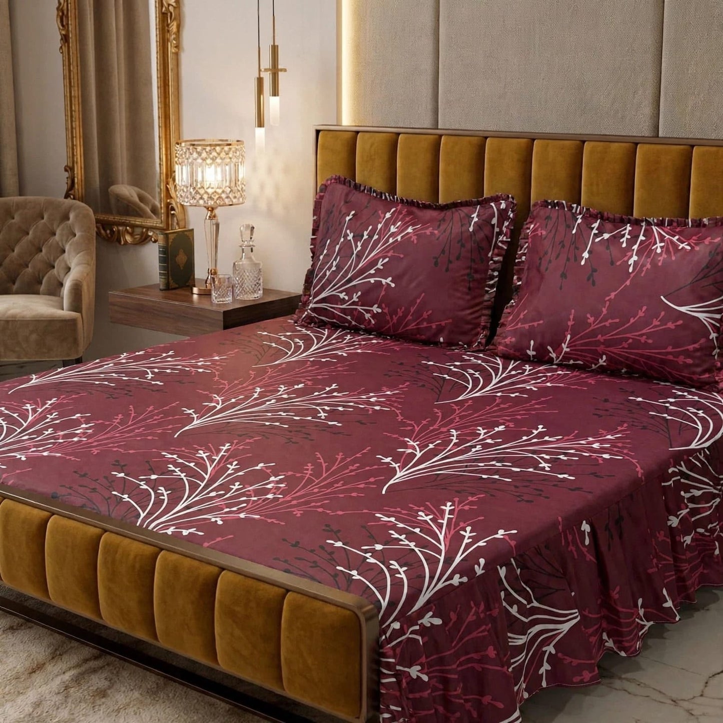 Luxury Maroon Floral Bedsheet Set – Soft, Breathable & Premium Bedding