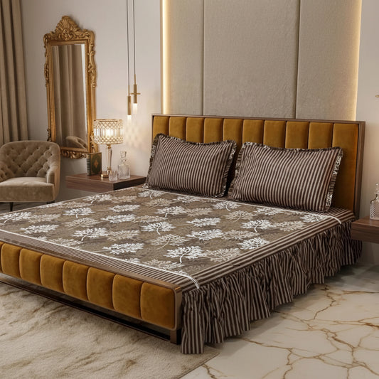 Premium Brown Leaf Print Bedsheet Set – Soft & Breathable