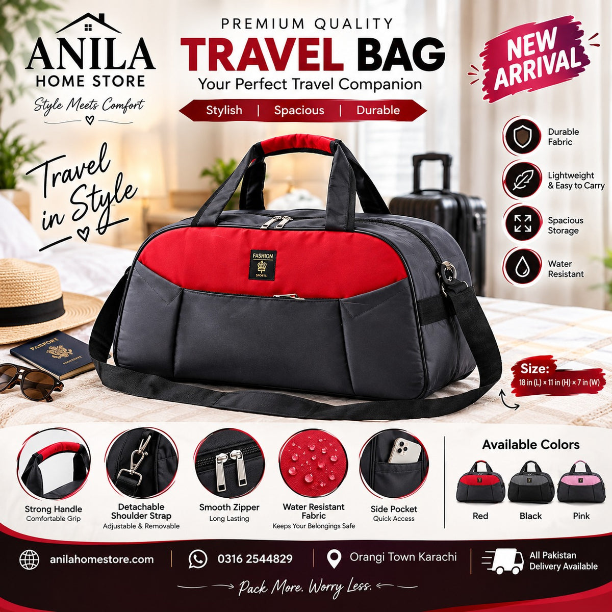 Premium Travel Bag 18 Inch – Spacious Waterproof Duffel & Carry Bag