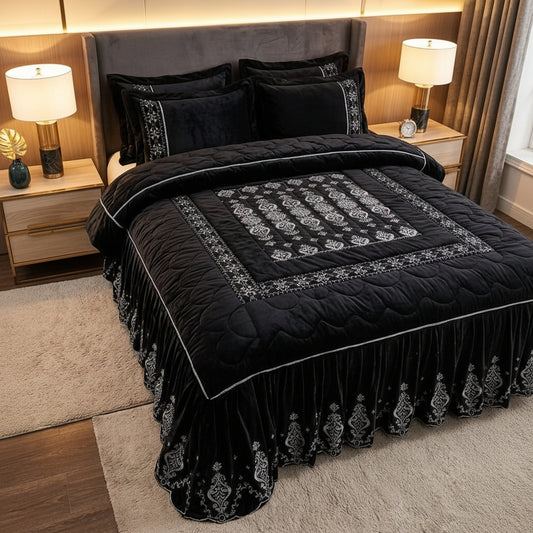 Royal Black Velvet Bridal Bed Sheet Set | Luxury Embroidered Wedding Bedding | King Size